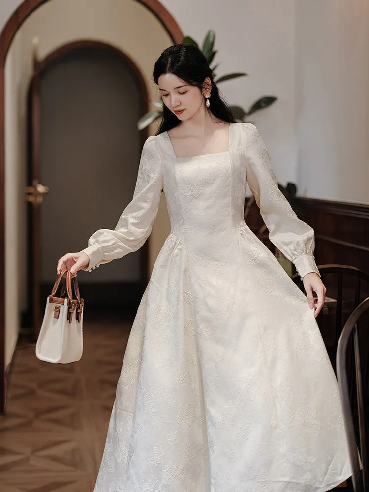 Tiyihailey primavera outono feminino jacquard vestido de manga cheia longo meados de bezerro senhoras S-L vintage cintura alta 2026 gola quadrada branco