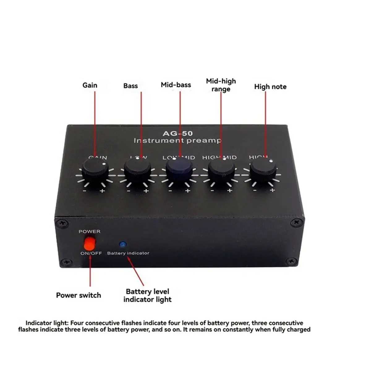 -50 Instrument Pre-Amplifier 4-Band Equalizer 6.35mm TR 3.5mm TRS Rechargeable Pre-Amplifier for Piezoelectric Pickups