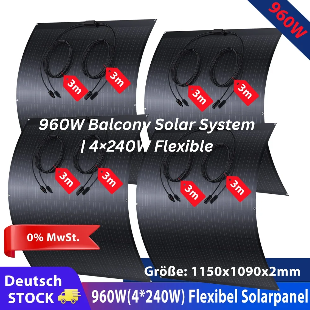 960W Flexibles Solarpanel-Kit für Balkon-Stromversorgungssystem, 4 × 240W Mono-PV-Module, ultradünn, leicht, IP67, für Wohnmobil/Camper Van