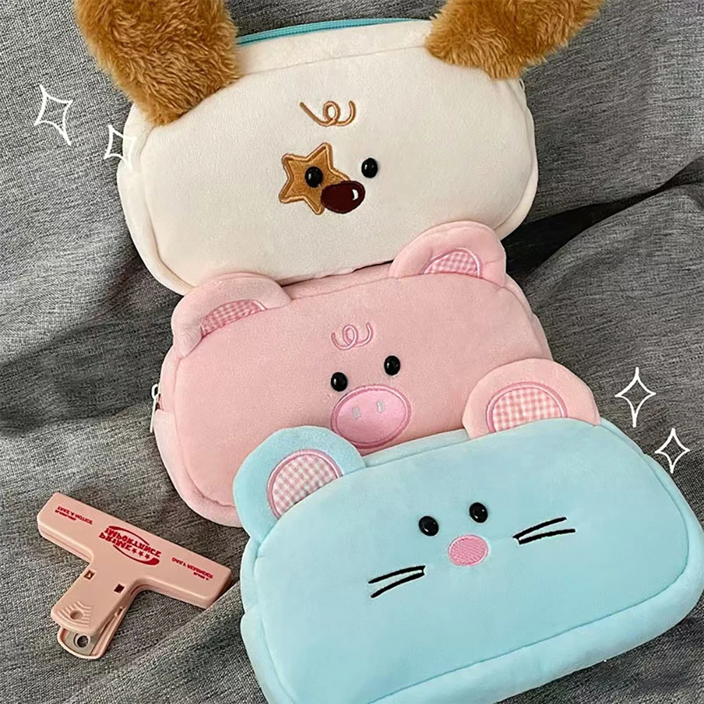 Cute Plush Cartoon Animal Pen Bag Large Capacity Storage Bag Plush Portable Makeup Bag