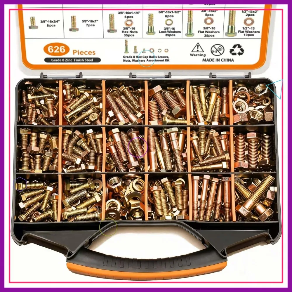 

626PCS Grade 8 Bolt Assortment Kit, Heavy Duty SAE Bolts and Nuts Set - 1/4-20, 5/16-18, 3/8-16, 1/2-13