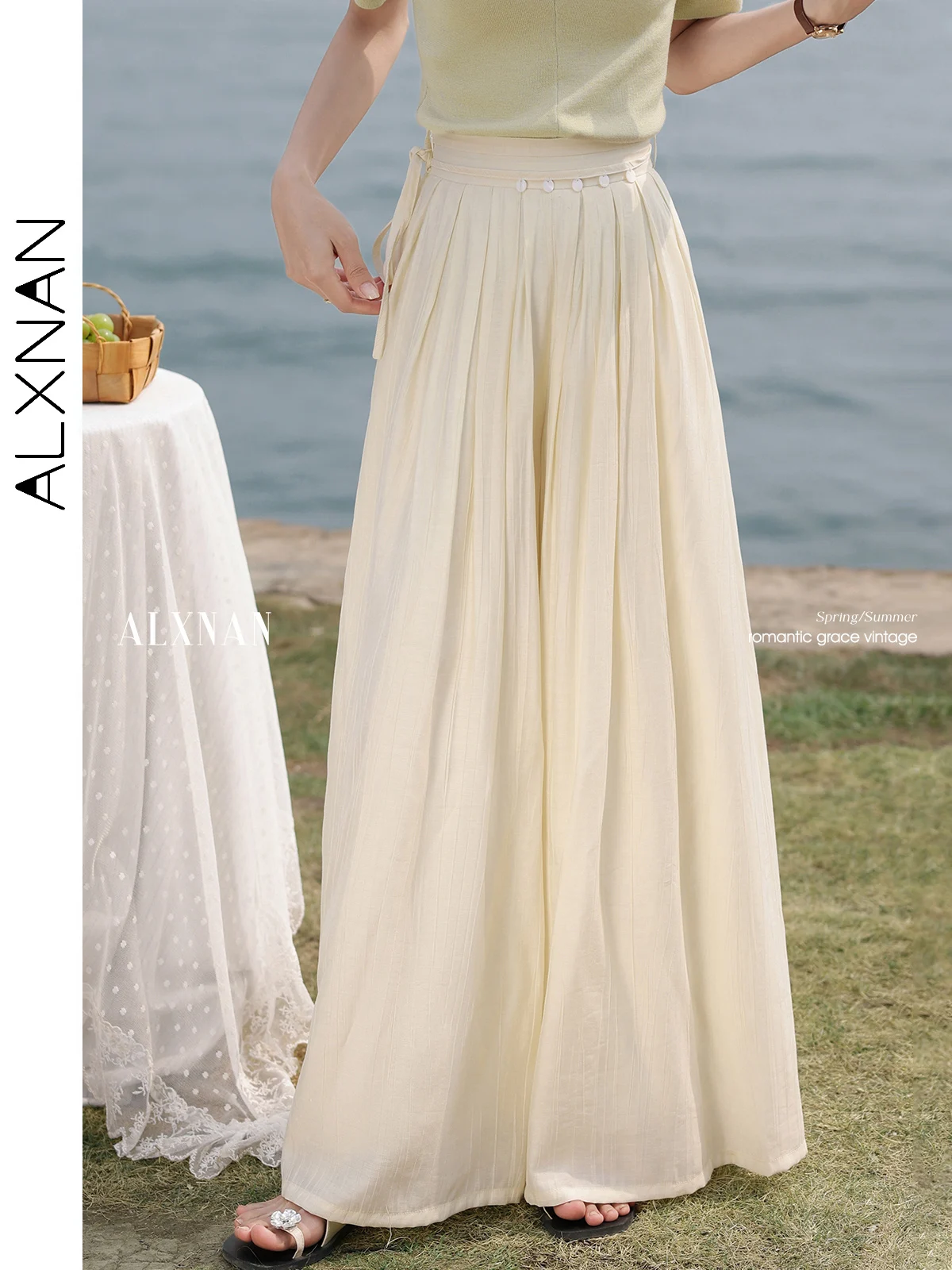 

ALXNAN Women's Pants Vintage Elegant Wide-leg Casual Baggy Pants 2025 Summer Loose-fit Office Lady Elastic Waist Trousers L55576