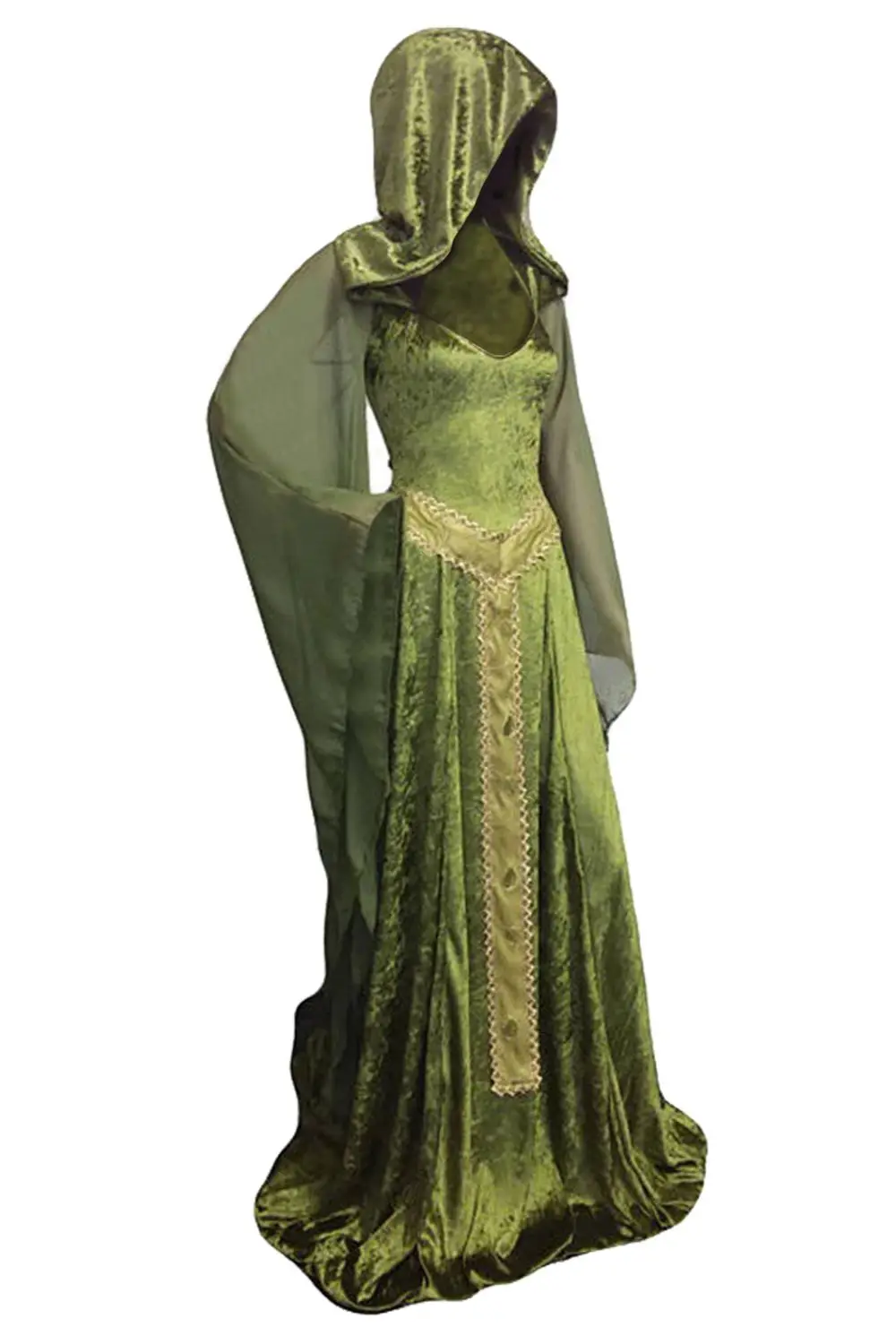 Vrouwen Fantasie Middeleeuwse Jurk Kostuum Capuchon Veteraan Renaissance Fluwelen Trompet Mouw Gothic Groene Jurken Halloween Cosplay Pak