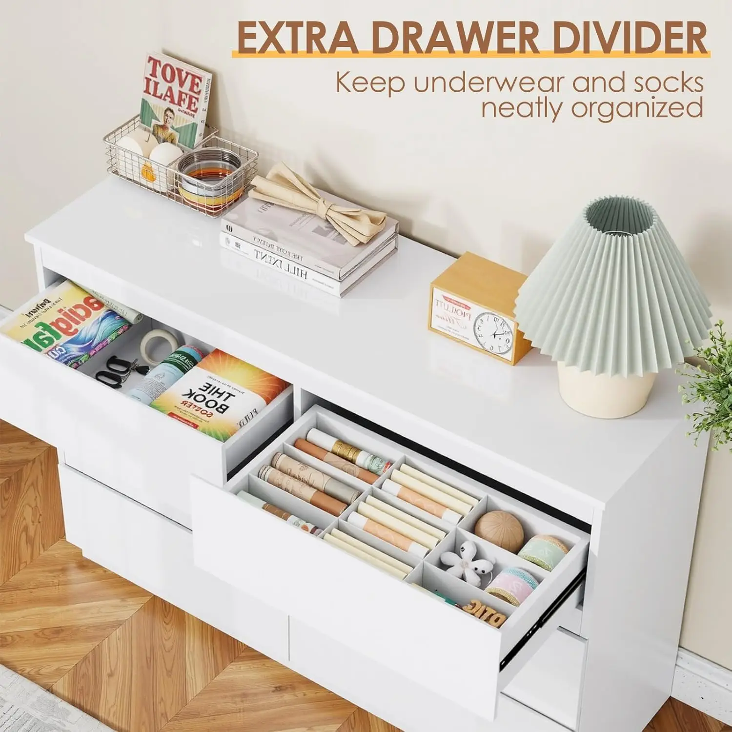 White Wood Dresser for Bedroom, Living Room & Entryway with 6 Wide Drawers for Clothes Storage, Multi-Functional view 3