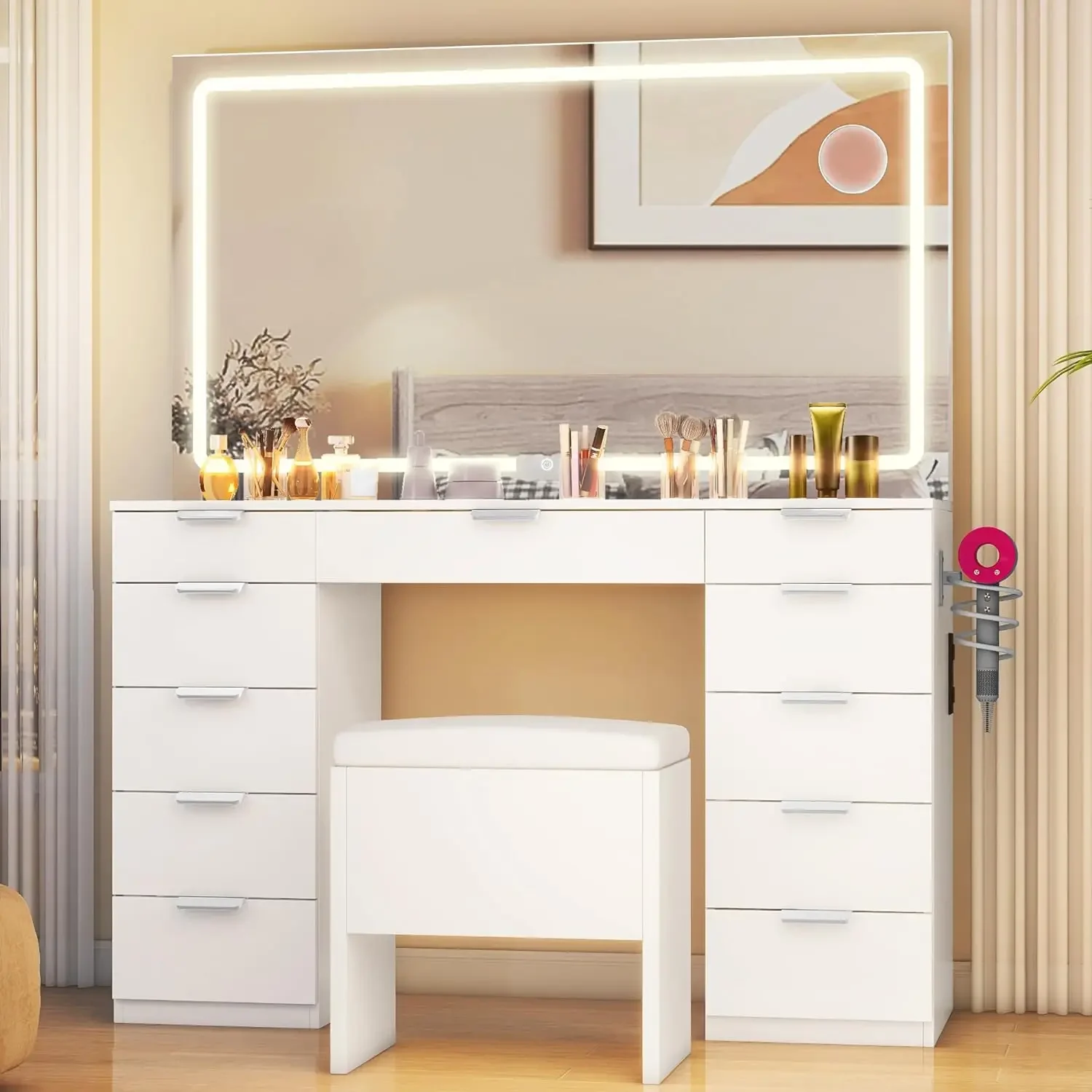 DWVO Vanity Desk Set with Large LED Lighted Mirror & Power Outlet, Glass Top Makeup Vanity with 11 Drawers and Magnifying Glass