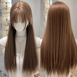 Vintage Baby Brown Wig with Bangs Long Straight Wigs for Women High Temperature Fibers Synthetic 가발 Headband Wig for Daily Use