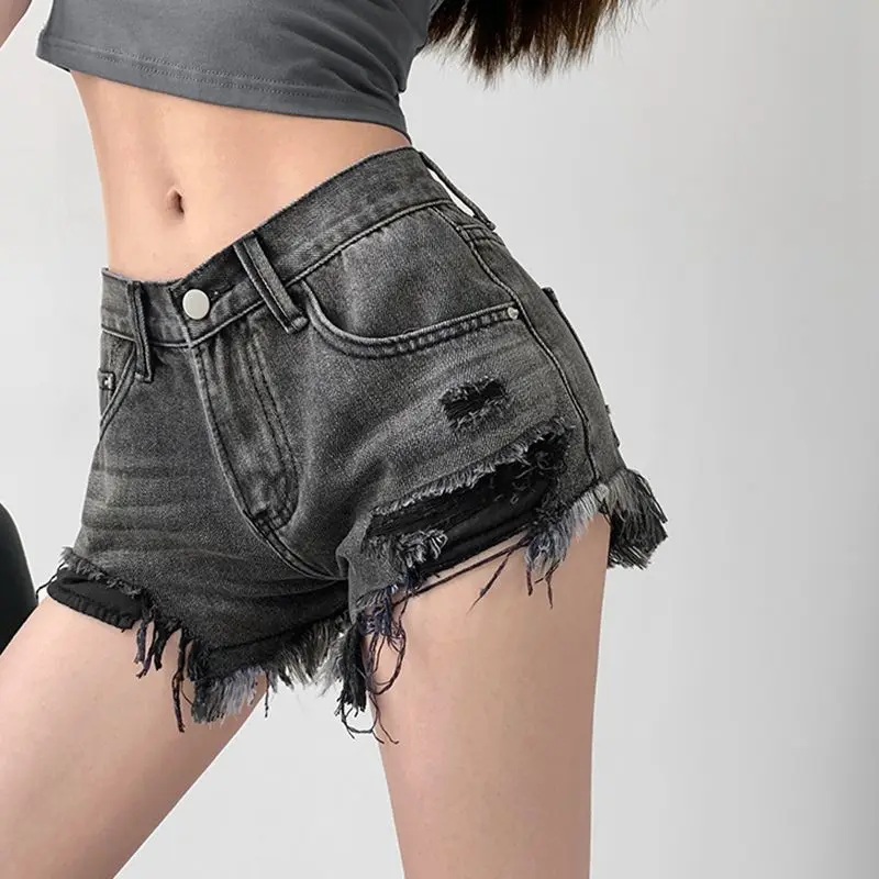 Street Casual Hole A-line Shorts Summer New Thin High Waist Solid Loose Irregular Wide Leg Hot Pants Vintage Trend Women Clothes