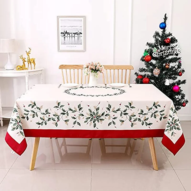 Christmas Leaf Printed Tablecloth Anti-Fouling Rectangular Tablecloth Decorative Tablecloth for Holiday/Dining/Wedding Party Use