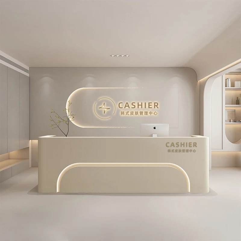 

Beautiful Semicircular Multi-person Reception Desk With Colored Lighting For Medical Beauty Room Storage Grid