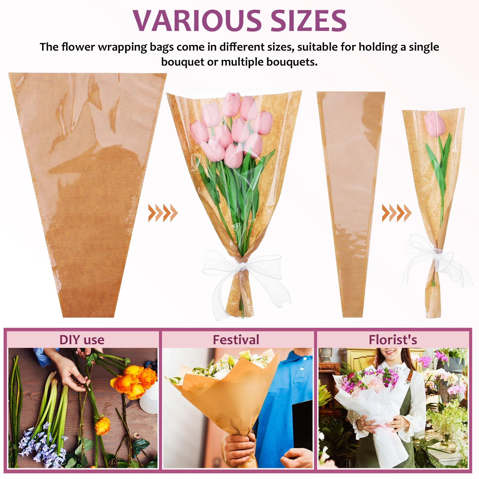 

Kraft Paper Packaging Cellophane Bouquet Wrapping Bags Wedding Banquet Transparent Ribbon Various Sizes Durability