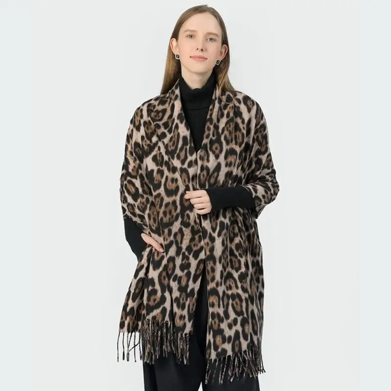 

652F Fashionable Fringed Cashmere Scarf Leopard Pattern Warm Winter Shawl Women