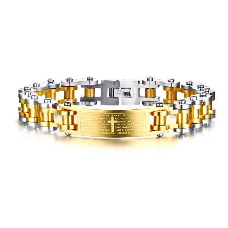 

Two Tone Gold Color Stainless Steel Cross Bible Bicycle Motorcycle Link Chain Bracelets Bangle for Men Hip Hop Rock Jewelry