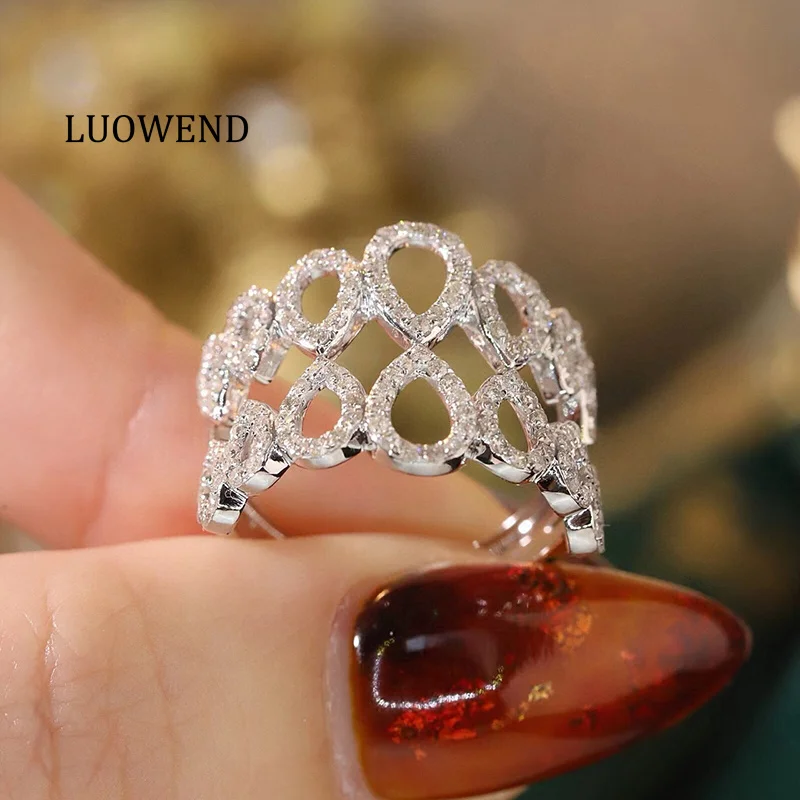 LUOWEND 100% 18K White Gold Rings Luxury Design 0.88carat Real Natural Diamond Engagement Ring for Women High Party Jewelry