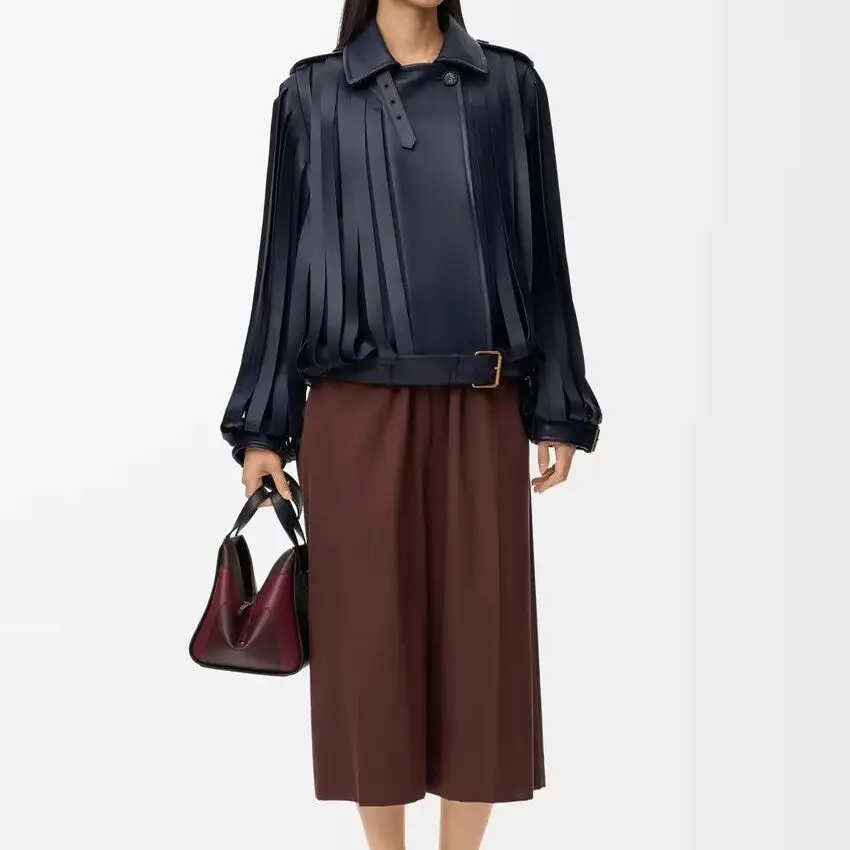 Jesień Zima Nowości Damska Moda Luźna Kurtka z Frędzlami ze Skóry PU Odzież Wierzchnia Uniwersalna ZR Ciepła Długa Kurtka na Zamek