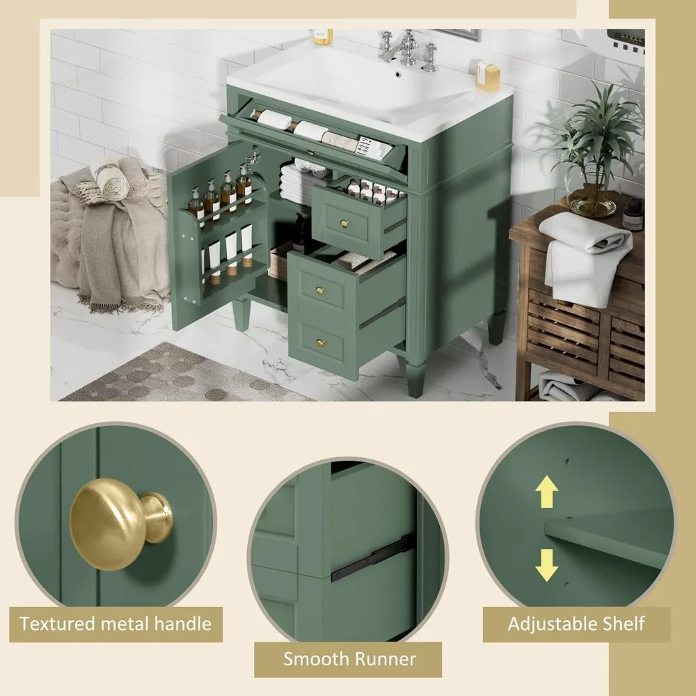 30" Bathroom Vanity with Sink, Modern Single Sink Bathroom Storage Cabinet with 1 Door, 2 Drawers & Tip-Out Drawer, Solid Wood