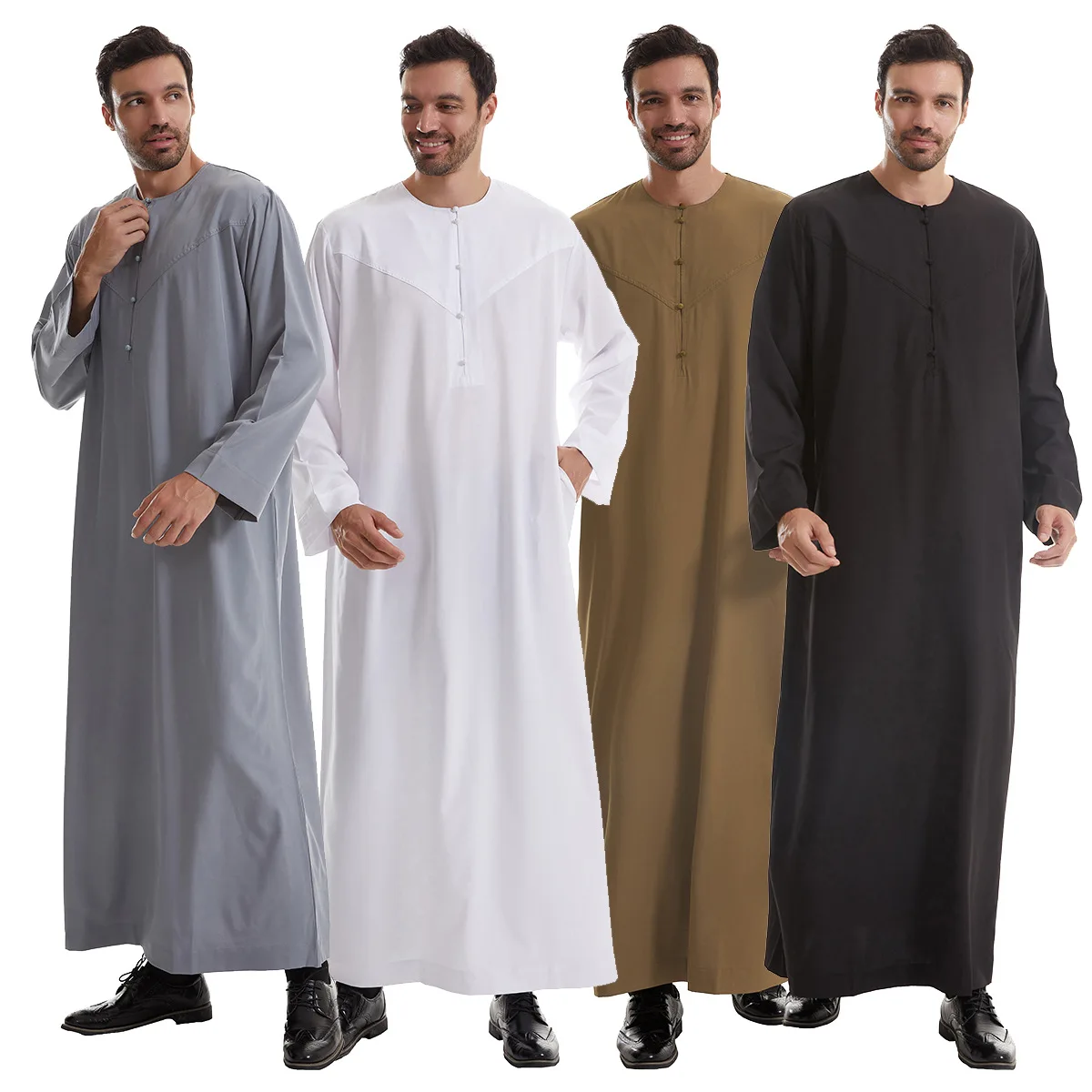 Thobe Jubba musulman pour hommes, chemise musulmane saoudienne, vêtements islamiques, caftan arabe, kimono à boutons, robe du milieu, nouveau