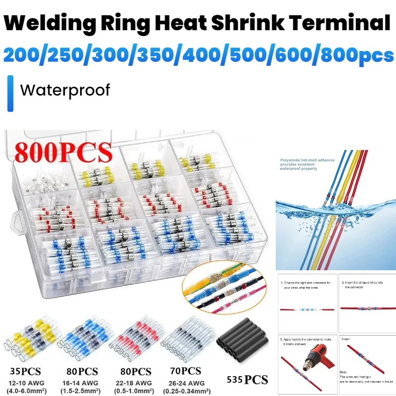 300pcs-800pcs Solder Sealed Wire Connectors Heat Shrink Solder Butt Connectors Solder Connector Kit Automotive Marine Insulation