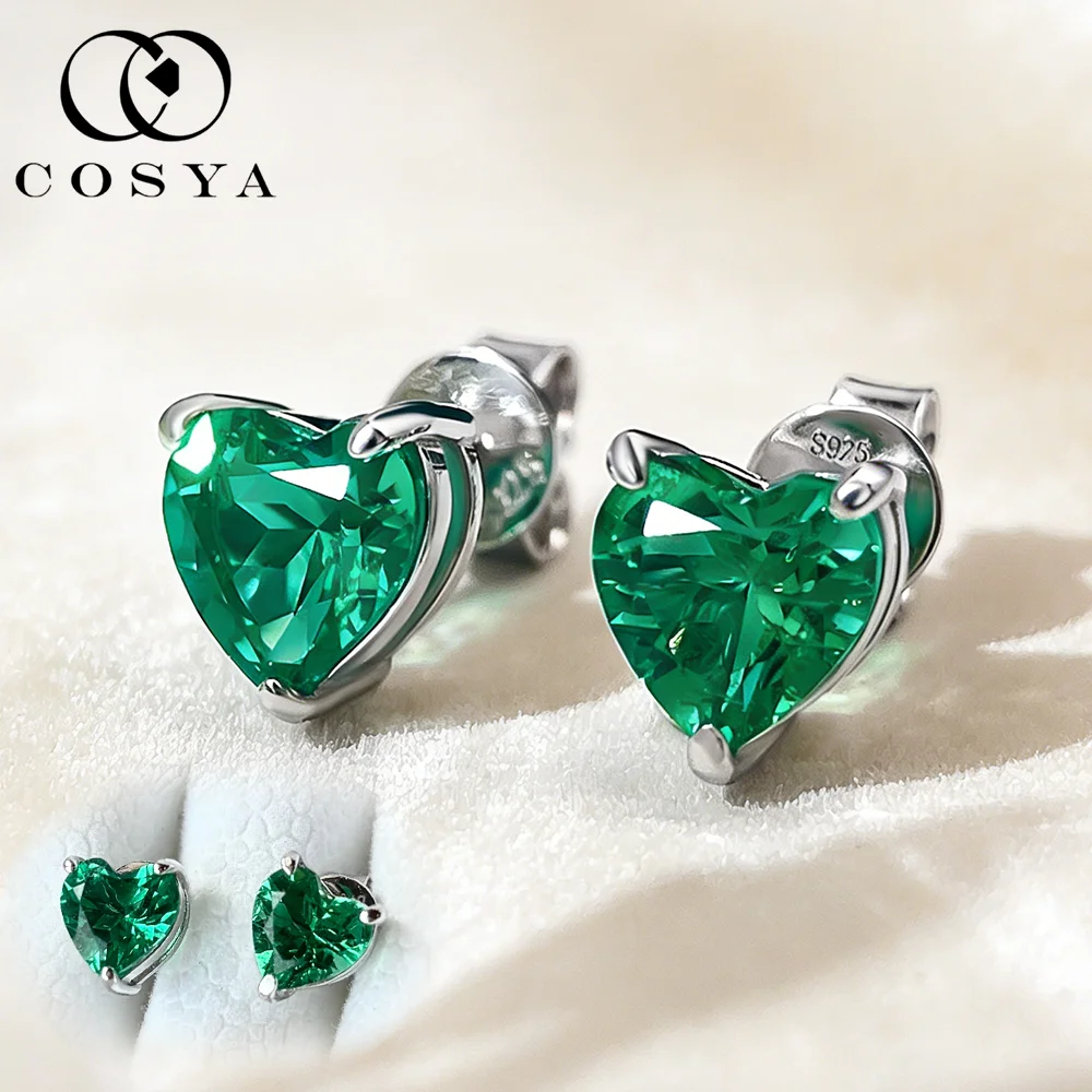 

COSYA 1CT 6.5mm Heart Cut Lab Grown Colombian Emerald Stud Earrings For Women 100% 925 Silver Moissanite Earrings Fine Jewelry