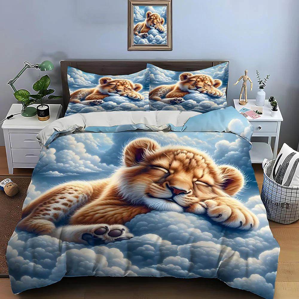 Lion Cub Sleeping in Clouds Print Bedding Set 1 Duvet Cover 2 Pillowcases for Adult and Children Luxury Gift Full Size