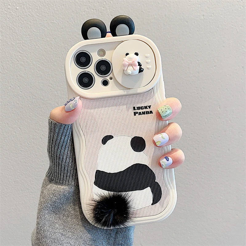 3D Ear Cartoon Panda Push Window Camera Cover Soft Case For iPhone 15 Pro Max 14 13 11 12 Shockproof Cases