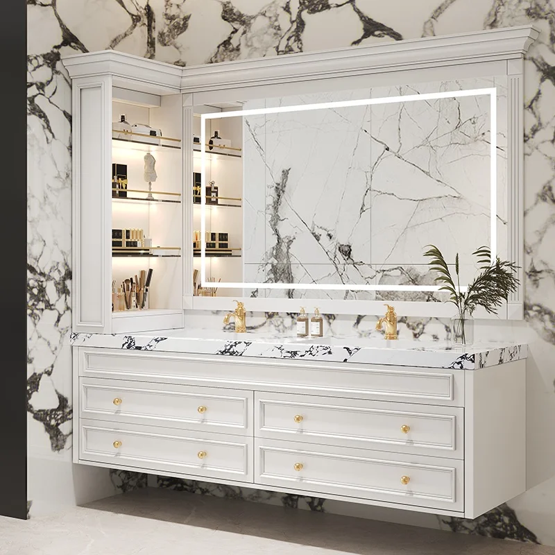 Modern Style Wall-Mounted Solid Wood Bathroom Vanity Cabinet with Ceramic Basin Copper Drainer Waterproof Design for Bedroom Use