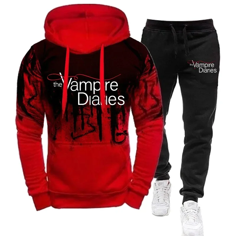 2024 American Usa Tv Movie Trending Vampire Diaries Unisex Printed Hoodie + Pant 2 Piece Set Sports Wear 3D Ink Jogging Suits