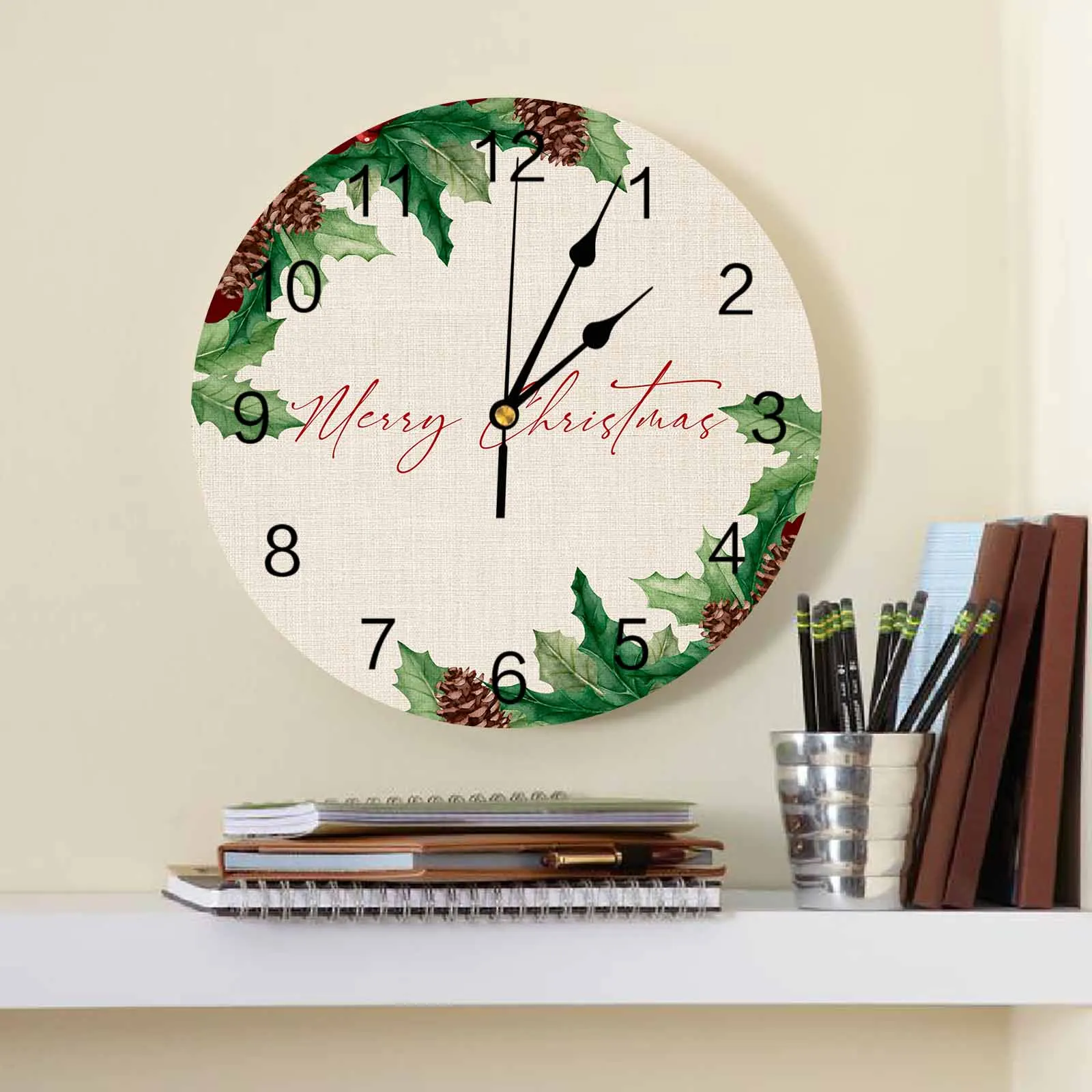 Christmas Plant Berries Pine Cones PVC Wall Clock Bedroom Decoration Wall Clock Modern Design Home Decore Wall Digital Clock