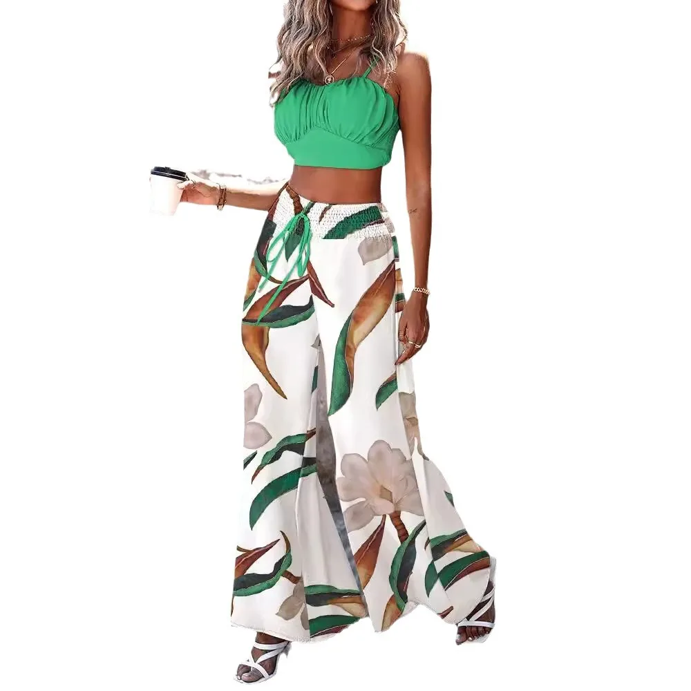 Holiday Camis Crop Tops And Wide Leg Sets For Women 2-Pieces Sexy Casual Boho Drawstring Trousers Trousers Sets Костюм Жіночій