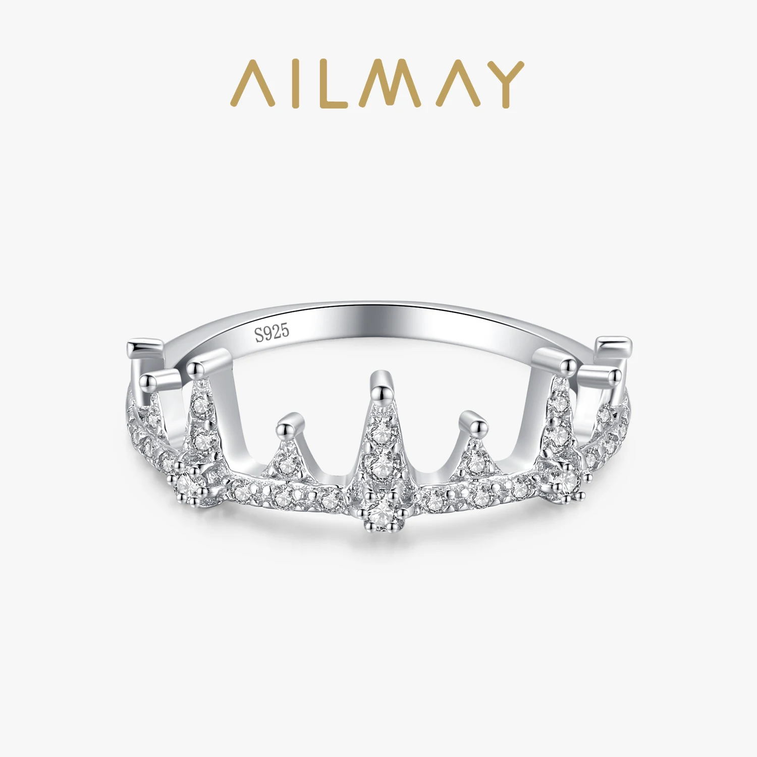 Ailmay Genuine 925 Sterling Silver Fine Princess Crown Finger Ring For Women Dazzling Clear CZ Elegant Jewelry Girl Gift