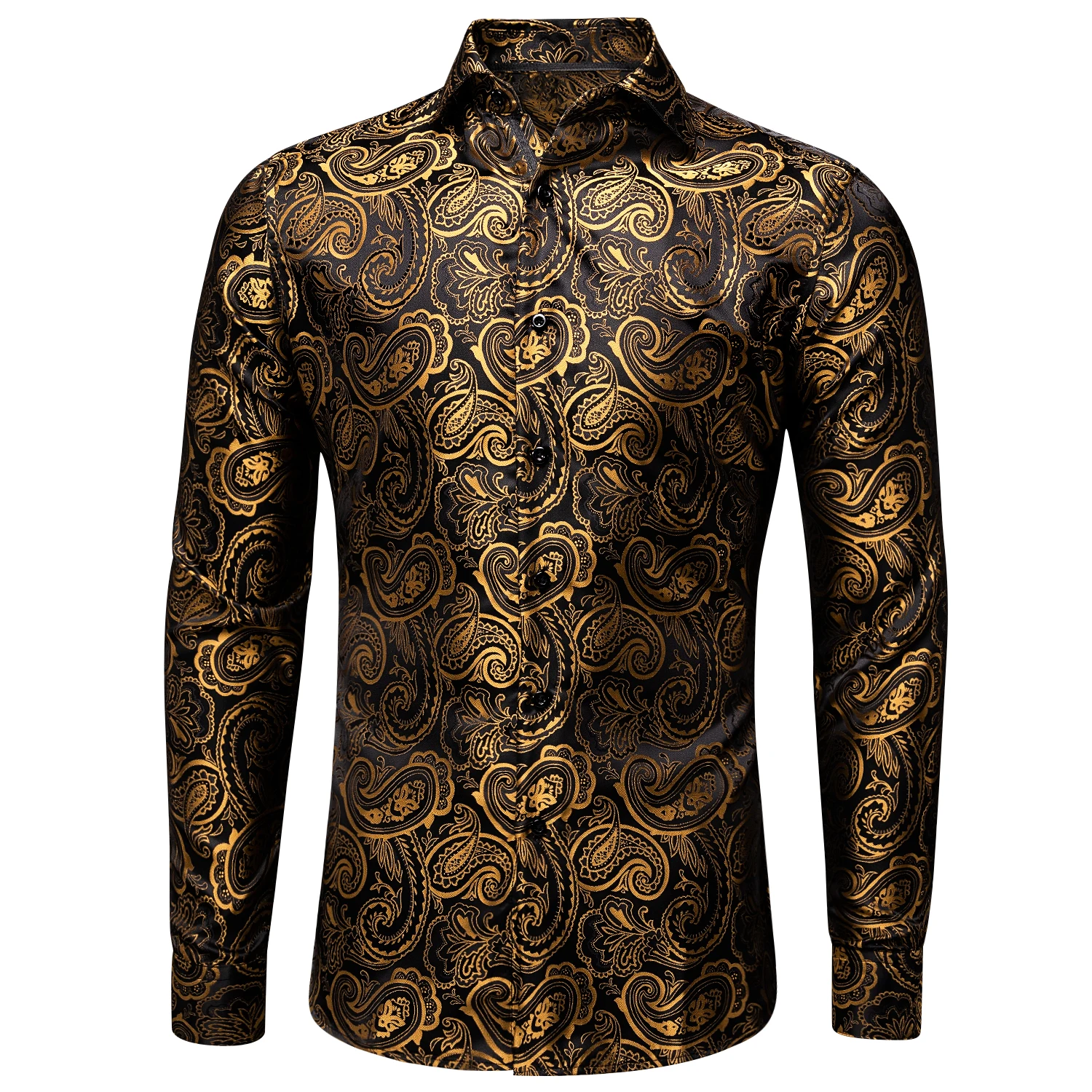 Hi-Tie Silk Mens Shirts Black Gold Long Sleeve Slim Fit Paisley Lapel Brooch Shirt For Male Business Wedding Party Gift Designer