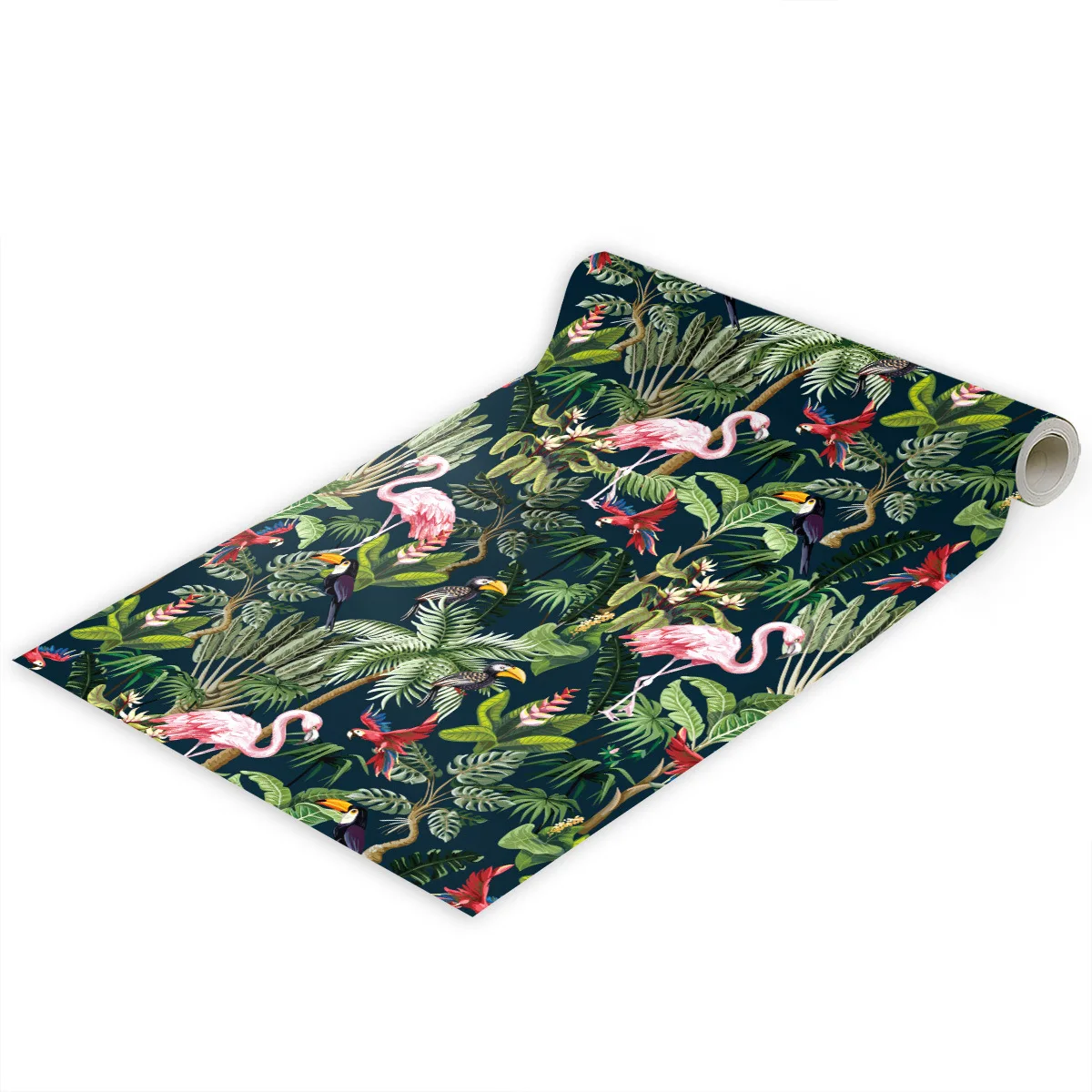 Peel and Stick Tropical Wallpaper - Flamingo Bird, Palm Leaves, Green/Pink Vinyl, 17.7in x 9.8ft