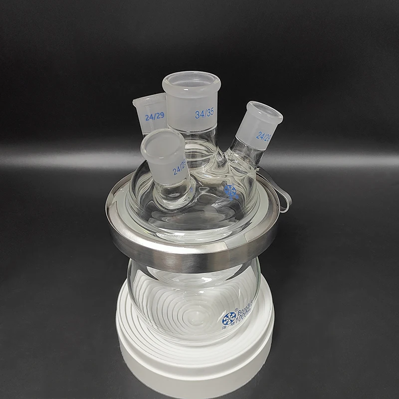 

Single-layer spherical round bottom four oblique necks open reactor bottle 1000ml-2000ml,Mid 34/35,Side 24/29,Stainless clip