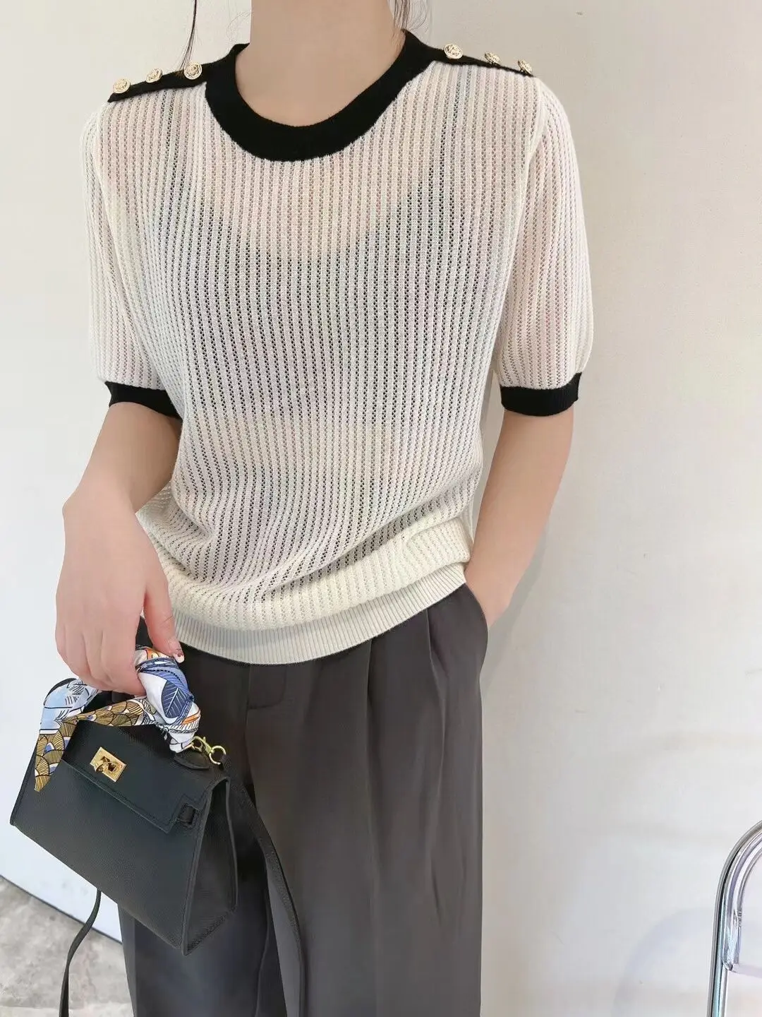 Women's Hollow Out Wool Knit Tee Shirts 2023 Summer Thin Transparent Knitwear Short Sleeve See Through Ladies Knit Tops