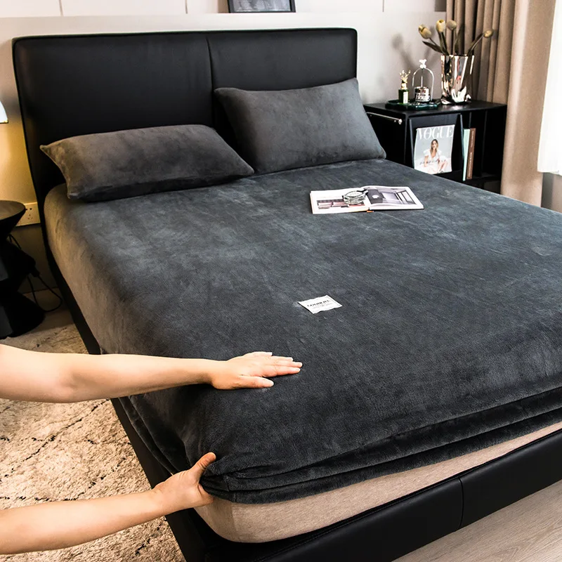 

Simple solid color bed sheet winter thick warm coral fleece mattress cover suitable for bedroom soft bed sheet couple double use