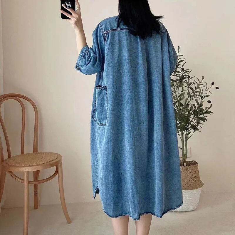 2025 Moda estiva Solid Denim Mezza manica Colletto rovesciato Bottoni Camicia Abito Abiti da donna Abiti eleganti da donna di moda