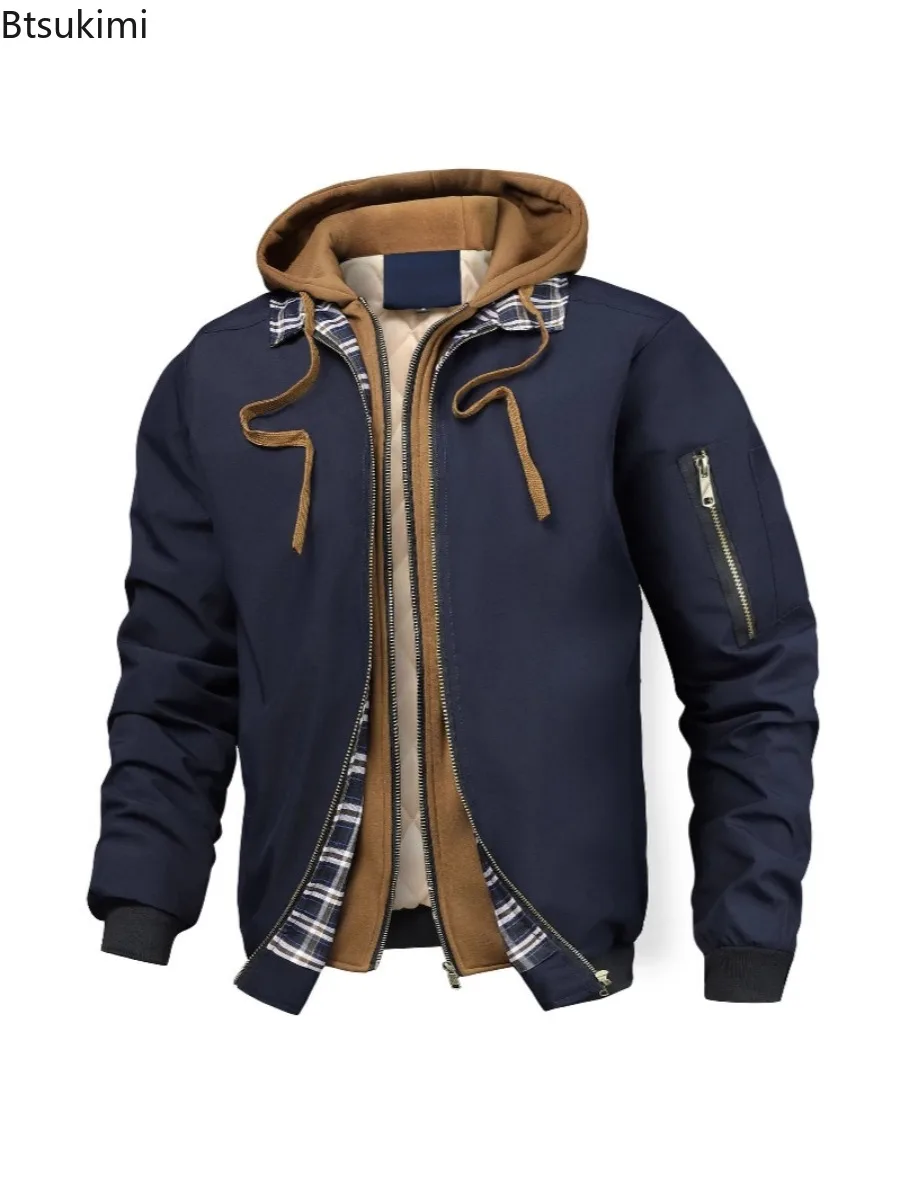 Men's Warm Bomber Jacket Outdoor Thick Windbreaker Hiking Hooded Coats Male Autumn Winter Thermal Sports Zipper Parkas Jackets