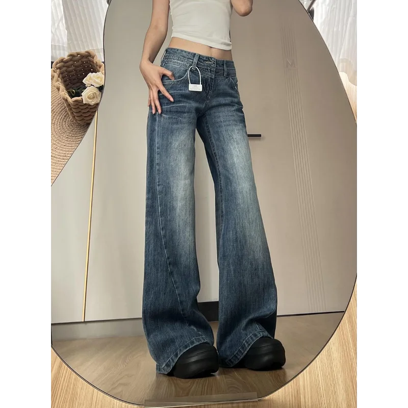 Jeans caldi estivi da donna che lavano pantaloni larghi a gamba larga a vita bassa con hottie americano retrò