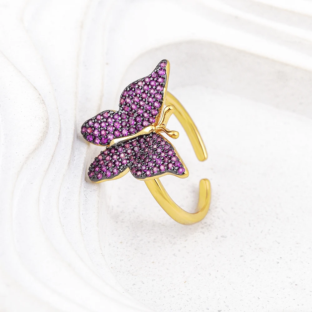Nidin Fashion Design Opening High-Grade Copper Inlaid Zircon Lucky Butterfly Adjustable Ring Luxury Shiny Cocktail Party Jewelry