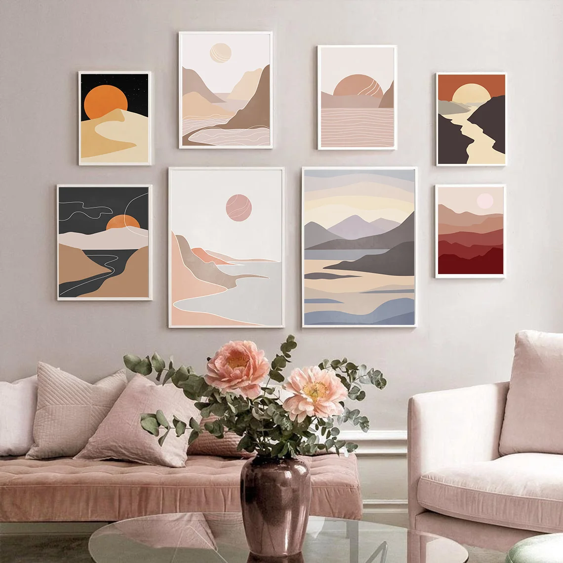 

Modern Creative Abstract Landscape Geometric Color Blocks Mountains Sun Moon Canvas Posters Printed Walls Pictures Home Decor