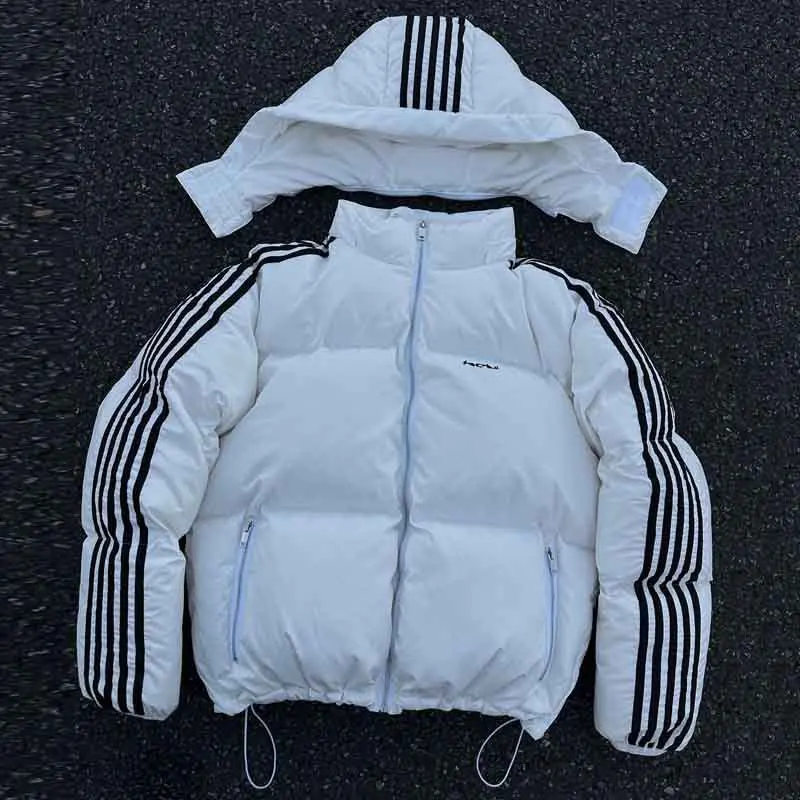 Loose Short Puffer Coat Removable Hood Side Zip Pocket Sport Striped Sleeve Winter Outerwear
