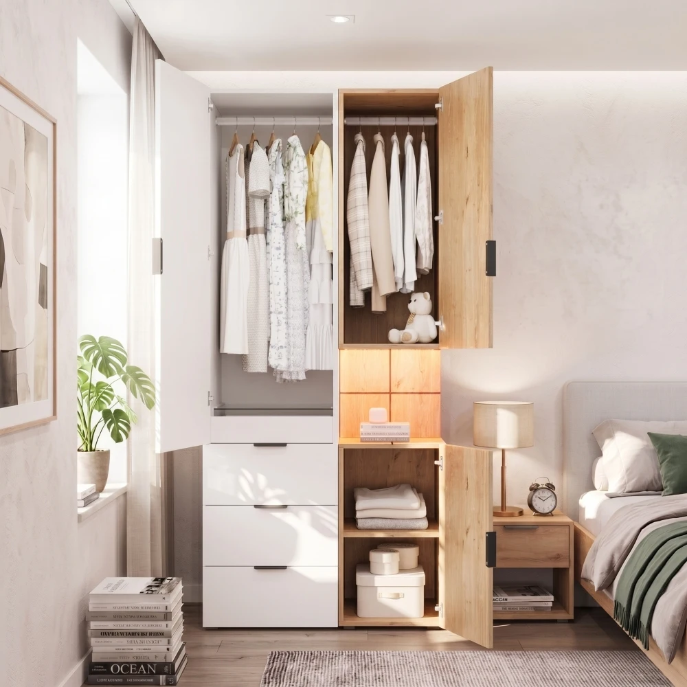 90×49×200cm Kleiderschrank mit Schmuckschublade, moderner Schrank mit Drehtür, 2 Kleiderschrankfächern, 4 Schubladen, Aufbewahrungsschrank für Schlafzimmer, Wohnzimmer & Kinderzimmer