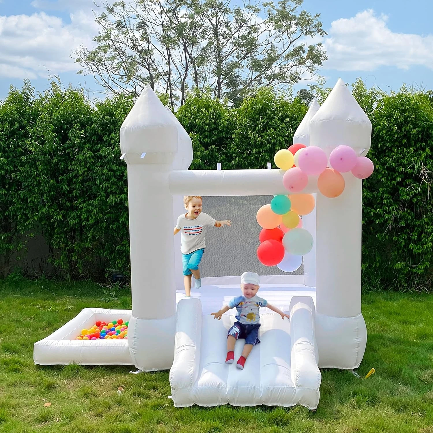 

2.6m Inflatable Bounce House with Slide,Ball Pool and Blower White Jumper Castle Wedding Oxford Bounce House For Kids