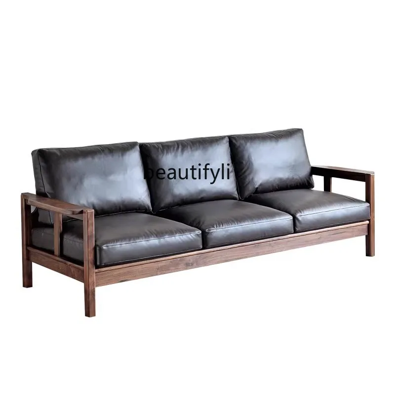 

North American black walnut leather sofa combination first layer cowhide Nordic simple three-person sofa