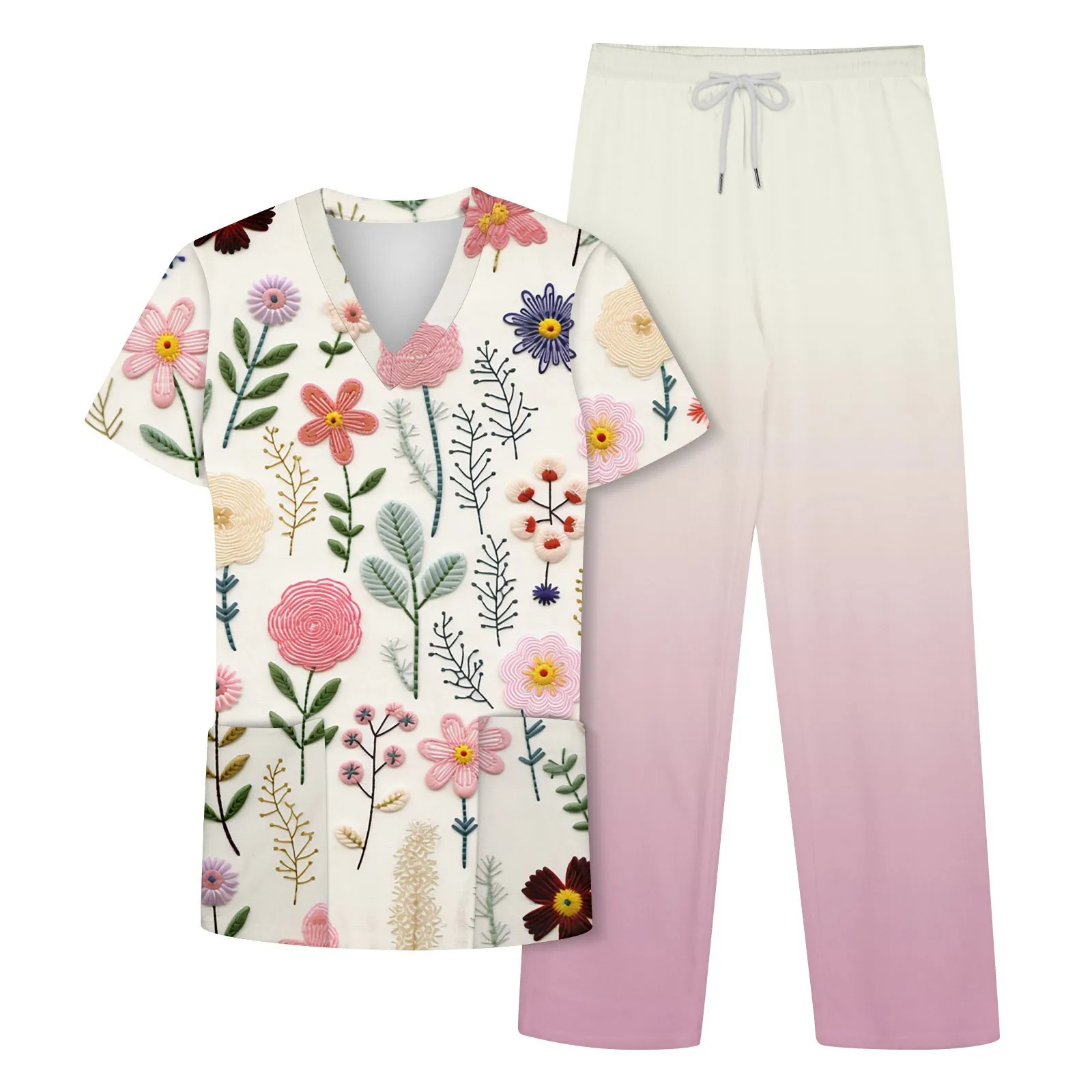 Women Fashion 3D Floral Print Uniforms Set Pocket Top Elastic Waist Pants Two Piece Work Set Non-sticky Hair Scrubs Nurse Set