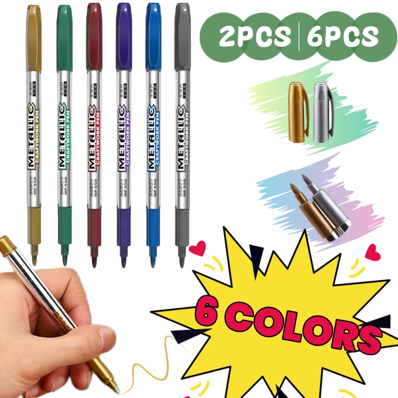 6 Colors DIY Metal Waterproof Paint Marker Pen Permanent 2-6Pcs Golden and Silvery Painting Student Marker Pen Handicraft Pen