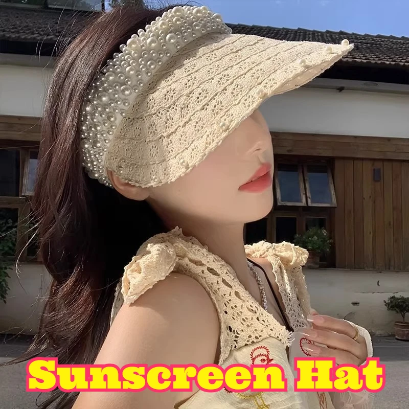 

Lace Pearl Open Top Sun Hat UV Protection Breathable Wide Brim Shading Cap Ultraviolet Resistant Elegant Headwear Summer Outdoor