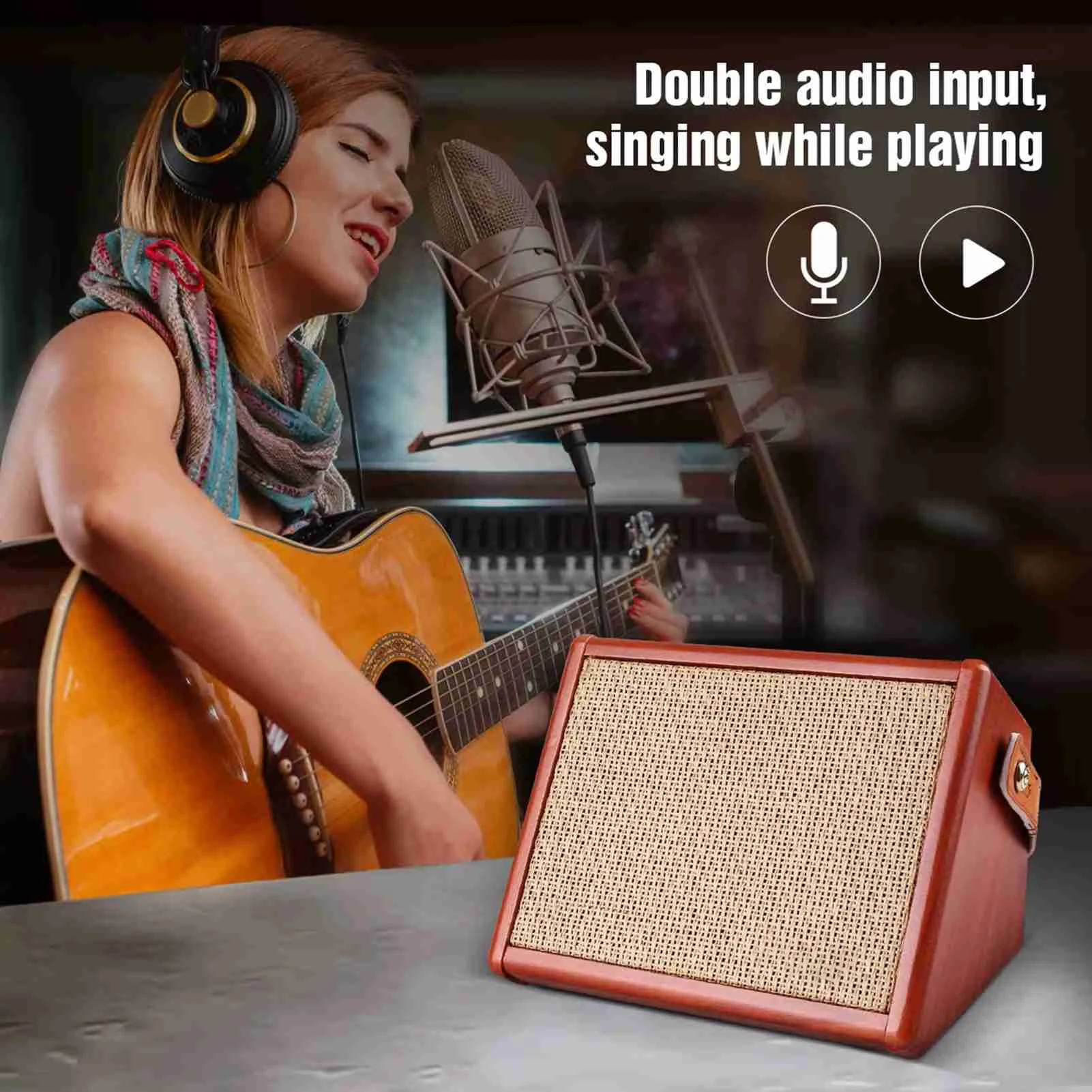 ammoon AC-15 15W Portable Acoustic Guitar Amplifier Amp BT Speaker with Microphone Input Supports Volume Bass Treble Control Rev