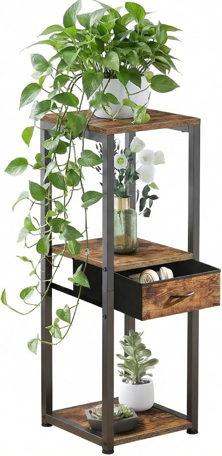 

3-Tier Tall Plant Stand with Fabric Drawer, 32.5" Corner Stand for Indoor Plants and Small Side Table