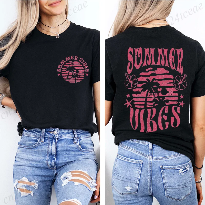 Trendiges Sommer-Vibes-Shirt, Beach-Vibes-T-Shirt, Urlaubs-T-Shirts für Damen, Vintage-T-Shirts, kurzärmliges T-Shirt, lässige Sommer-Tops – Detail 6