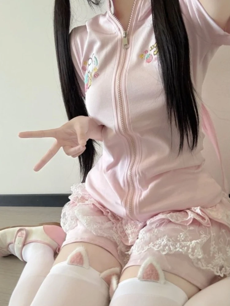 

2000s Millennial Cute Girl Skull Printed Jacket Pink Elegant Slim Subculture Hooded Korea Y2k Short Sleeved Sweatshirts Summer